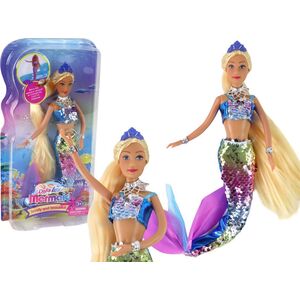 LeanToys Lalka Syrenka Niebieska Długie Blond Włosy Ogon Syreni Cekiny