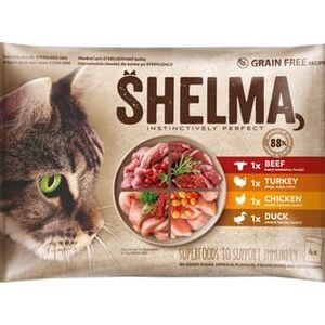 Shelma 4-pack bezzbożowych filecików dla kotów dorosłych. Bogate wołowinę z pomidorami, rozmarynem i tymiankiem w sosie, bogate