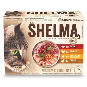 SHELMA saszetka - pełnoporcjowa bezzbożowa karma dla dorosłych kotów. Z kurczakiem, wołowiną, indykiem, kaczką 12x 85 g