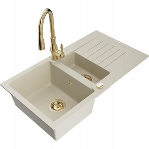 Granitinė virtuvinė plautuvė Mexen Matias su maišytuvu ir sifonu, Beige/Gold