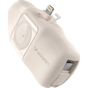 Mini powerbank Wozinsky WF16-YLS 5000mAh 15W Lightning z wbudowanym kablem USB-C i ładowarką do Apple Watch - beżowy