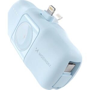 Mini powerbank Wozinsky WF16-YLS 5000mAh 15W Lightning z wbudowanym kablem USB-C i ładowarką do Apple Watch - niebieski