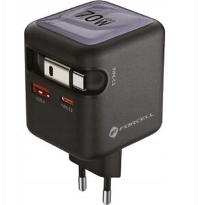 Φορτιστής τοίχου για τηλέφωνο Forcell F-Energy GaN USB C + USB A + αναδιπλούμενο καλώδιο USB C PD QC4.0 3A 70W VT-R7 γκρι