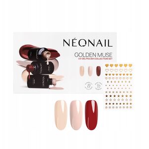 NEONAIL_SET Golden Muse Blushing Red lakier hybrydowy 3ml + Sunset Nude lakier hybrydowy 3ml + Blush Flush lakier hybrydowy 3ml + Metallic Gold naklejki do paznokci 1szt