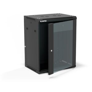Szafa wisząca 19" 15U 600x450, drzwi szklane jednoskrzydłowe, tył osłona pełna demontowalna, osłony boczne pełne demontowalne zamykane na klucz, 4 belki, kolor czarny, do samodzielnego montażu - Flat Pack, ALANTEC