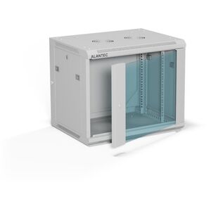 Szafa wisząca 19" 9U 600x450, drzwi szklane jednoskrzydłowe, tył osłona pełna demontowalna, osłony boczne pełne demontowalne zamykane na klucz, 4 belki, kolor szary, do samodzielnego montażu - Flat Pack, ALANTEC