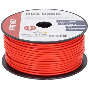 Przewód jednożyłowy czerwony cca 1x1.5mm2 50m 7.5a 12/230v amio-04452