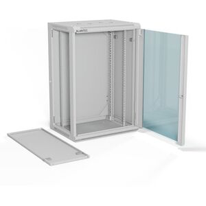 Szafa wisząca 19" 18U 600x450, drzwi szklane jednoskrzydłowe, tył osłona pełna demontowalna, osłony boczne pełne demontowalne zamykane na klucz, 4 belki, kolor szary, do samodzielnego montażu - Flat Pack, ALANTEC