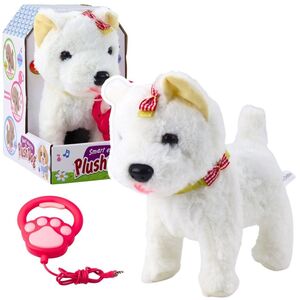 Interaktywny Piesek Z Kokardkami Na Smyczy Chodzi Szczeka Biały LEAN Toys