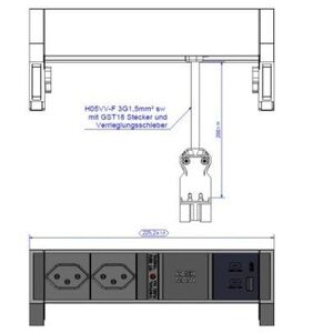 BACHMANN DESK2 2xCH 90° 1xUSB A/C 22W, 0,2m GST18 RAL9005 Szwajcaria