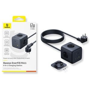 Listwa zasilająca Baseus EnerFill FA11 67W kostka USB-A + USB-C + 3 x gniazdo EU 1,5m - czarna