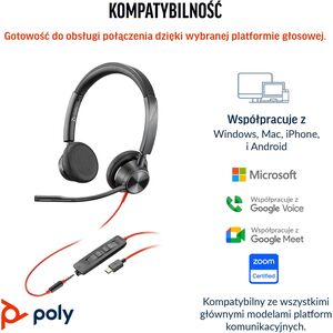 POLY Blackwire 3325 Stereo Microsoft Teams Certified USB-C Headset +3.5mm Plug +USB-C/A Adapter Przewodowa Opaska na głowę Biuro/centrum telefoniczne USB Type-C
