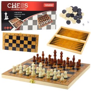Klasyczna Gra Logiczna 3w1 Szachy Warcaby Backgammon Drewniane LEAN Toys