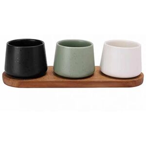 Ceramic snack bowls with wooden tray ROUND FOREST, 9 x 7 cm, 3 pcs.