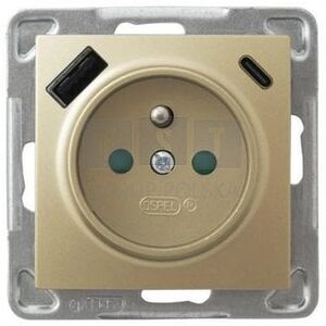GP-1YZPUSBAC/m/28 IMPRESJA Gniazdo pojedyncze z uziemieniem z przesłonami torów prądowych, z ładowarką USB A+C złoty metalik GP-1YZPUSBAC/m/28