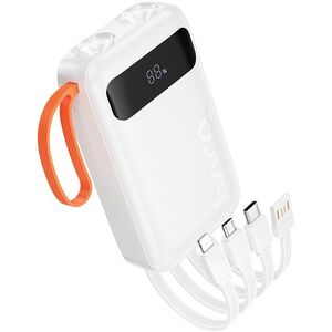 Powerbank Hoco 10000 mAh 2A z wbudowanymi kablami USB A + USB C + Lightning + Micro USB oraz podwójną latarką J151 biały