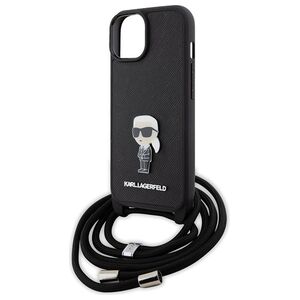 Original Case APPLE IPHONE 15 Karl Lagerfeld Hardcase Crossbody Saffiano Monogram Metal Pin Karl & Choupette (KLHCP15SSASKNPSK) black
