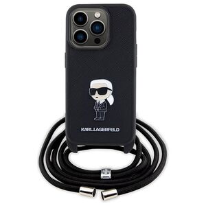 Original Case APPLE IPHONE 15 PRO Karl Lagerfeld Hardcase Crossbody Saffiano Monogram Metal Pin Karl & Choupette (KLHCP15LSASKNPSK) black