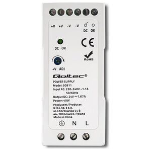 QOLTEC Τροφοδοτικό για ράγα DIN | 40W | 24V | 1.67A | Λευκό | Slim