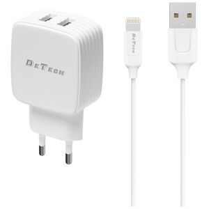 Φορτιστής δικτύου, DeTech, DE-33i, 5V/2.4A, 220V, Universal, 2 x USB, καλώδιο Lightning, 1.0m, λευκό - 40101