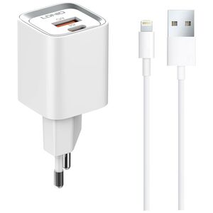 Φορτιστής δικτύου LDNIO A2318C, 20W, 1 x Type-C F, 1 x USB F, PD, QC, Καλώδιο Lightning, λευκό - 40290