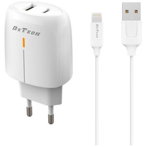 Φορτιστής δικτύου DeTech DE-31i, 20W,  καλώδιο Lightning, 1 x Type-C F, 1 x USB F, PD, λευκό - 40320