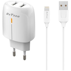 Φορτιστής δικτύου DeTech DE-32QCi, 18W,  καλώδιο Lightning, 2 x USB F, PD, λευκό - 40326