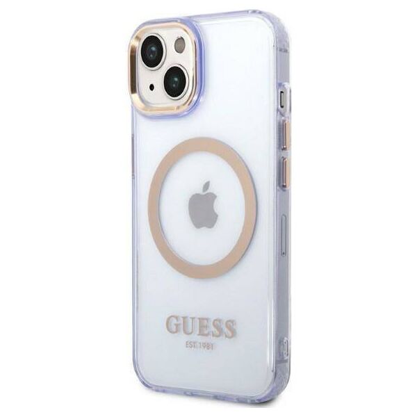 Original Case IPHONE 14 Guess Hard Case Gold Outline Translucent MagSafe (GUHMP14SHTCMU) purple 3666339069544