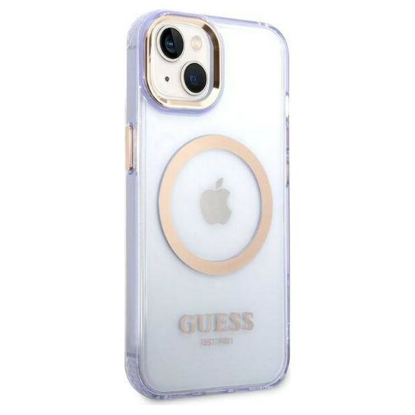 Original Case IPHONE 14 Guess Hard Case Gold Outline Translucent MagSafe (GUHMP14SHTCMU) purple 3666339069544