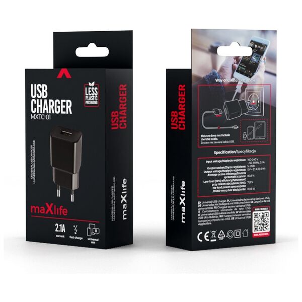 Maxlife MXTC-01 charger 1x USB 2.1A black 5900495758033