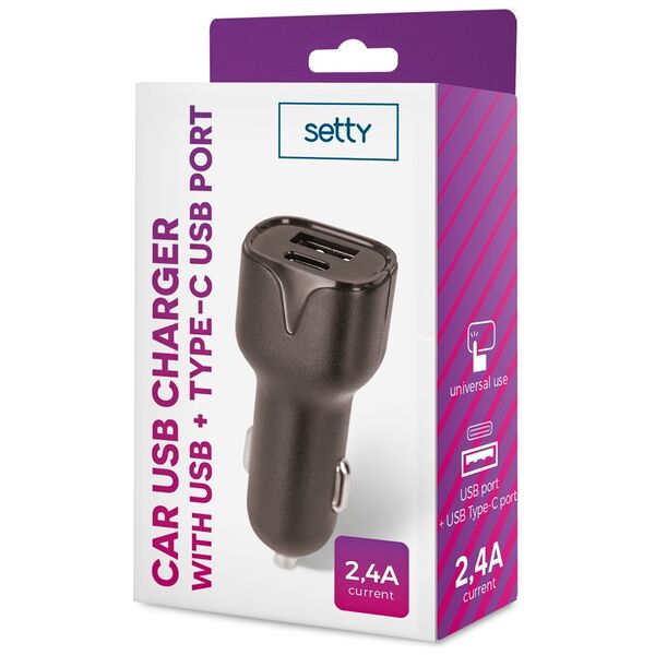 Setty car charger 1x USB 1x USB-C 2,4A black 5900495758477