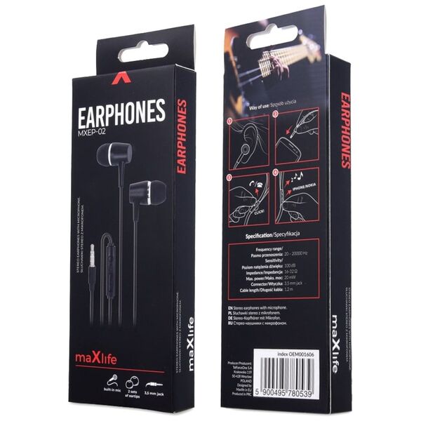 Maxlife wired earphones MXEP-02 jack 3,5mm black 5900495780539