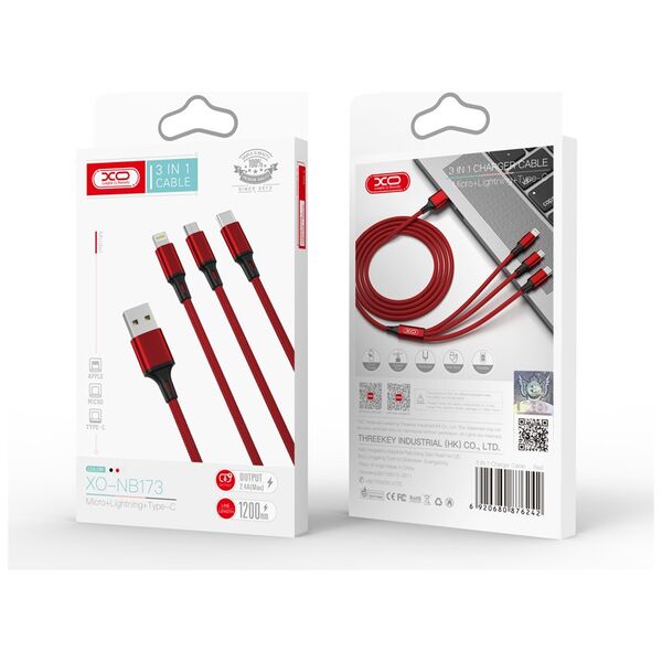 XO cable NB173 3in1 USB - Lightning + USB-C + microUSB 1,2 m 2,4A red 6920680876242