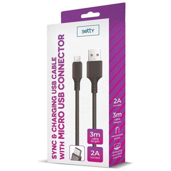 Setty cable USB - microUSB 3,0 m 2A black NEW 5900495925664