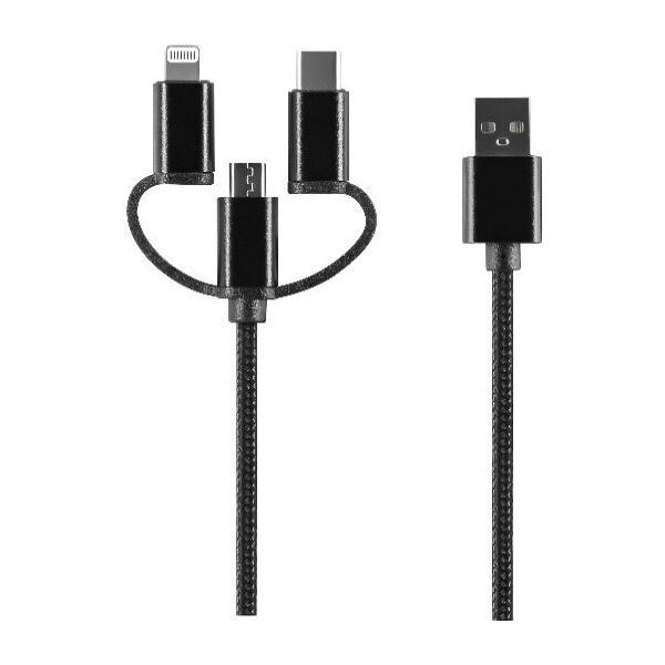 Setty 3in1 cable USB - Lightning + USB-C + microUSB 1,0 m 2A black nylon DT 5900495925626