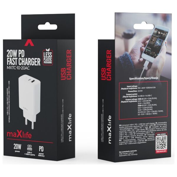 Maxlife MXTC-10-20AC PD QC charger 1x USB-C 1x USB 20W white 5907457789838