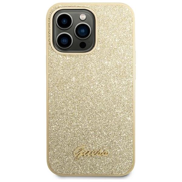 Guess case for iPhone 14 Pro 6,1&quot; GUHCP14LHGGSHD gold PC/TPU Glitter Flakes case Script Metal Logo 3666339065102