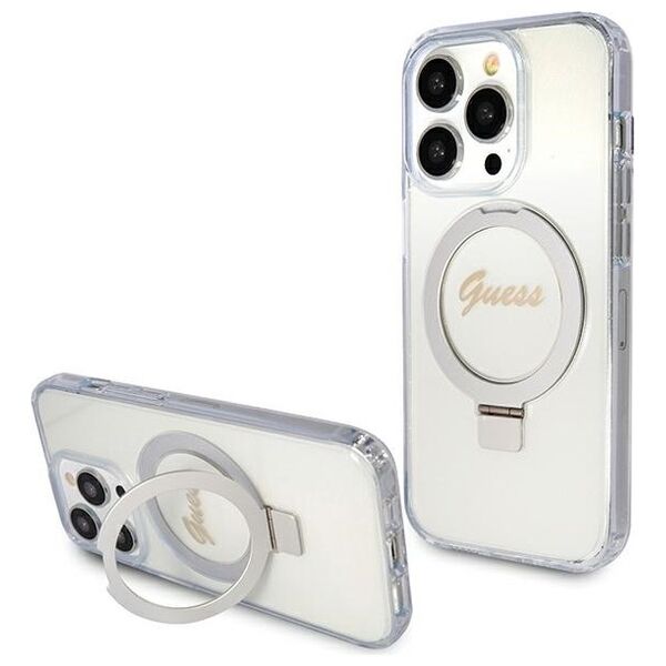 Guess case for iPhone 15 Pro 6,1&quot; GUHMP15LHRSGSD transparent HC RING STAND MAGSAFE SCRIPT LOGO GLITTER 3666339156626