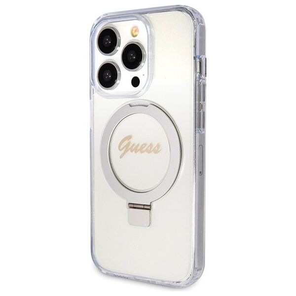 Guess case for iPhone 15 Pro 6,1&quot; GUHMP15LHRSGSD transparent HC RING STAND MAGSAFE SCRIPT LOGO GLITTER 3666339156626