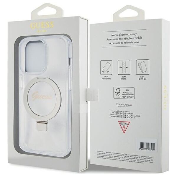 Guess case for iPhone 15 Pro 6,1&quot; GUHMP15LHRSGSD transparent HC RING STAND MAGSAFE SCRIPT LOGO GLITTER 3666339156626
