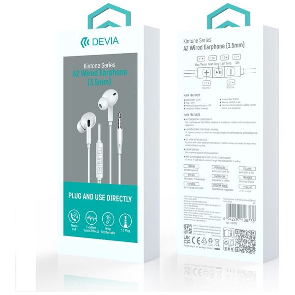 Devia wired earphones Kintone A2 jack 3,5mm white 6942297108738