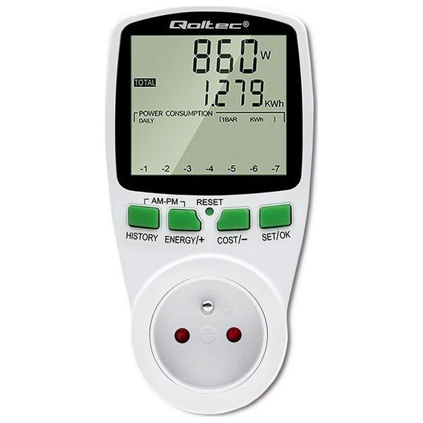 Qoltec Watomierz Licznik zużycia energii PM0627 z historiš pomiaru | 3680W | 16A | LCD