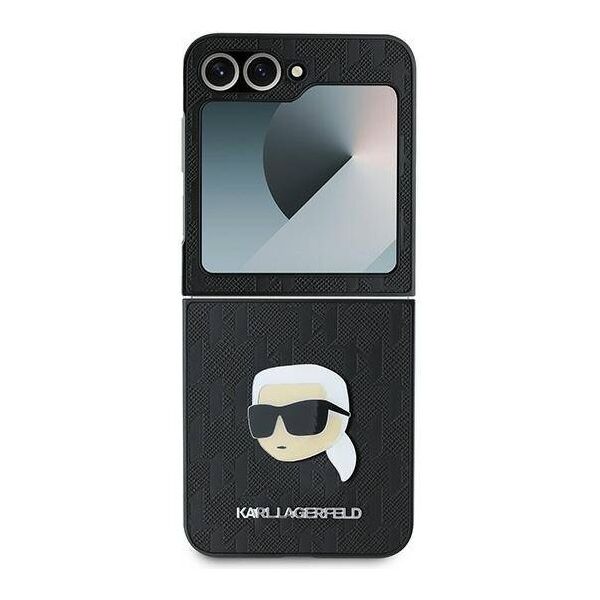 Original Case SAMSUNG GALAXY Z FLIP 6 Karl Lagerfeld Hardcase Saffiano Monogram Karl Head Pin (KLHCZF6PGKSKIHK) black 3666339322441