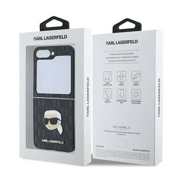 Original Case SAMSUNG GALAXY Z FLIP 6 Karl Lagerfeld Hardcase Saffiano Monogram Karl Head Pin (KLHCZF6PGKSKIHK) black 3666339322441