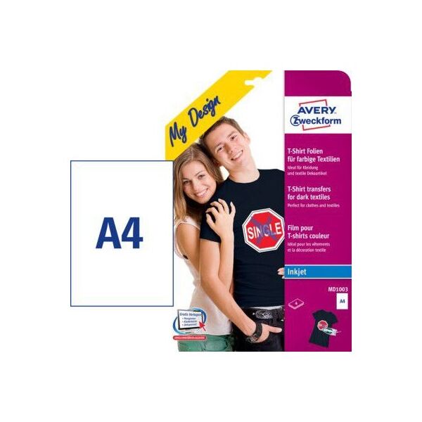 Avery Zweckform Folie Transferowe na Koszulki do Kolorowych Tkanin, 4 arkusze