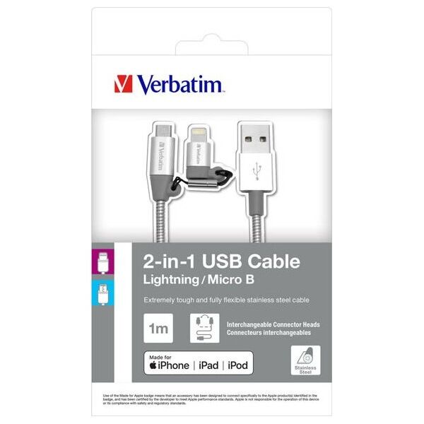 Kabel USB Verbatim USB-A - microUSB + Lightning 1 m Szary (48869)