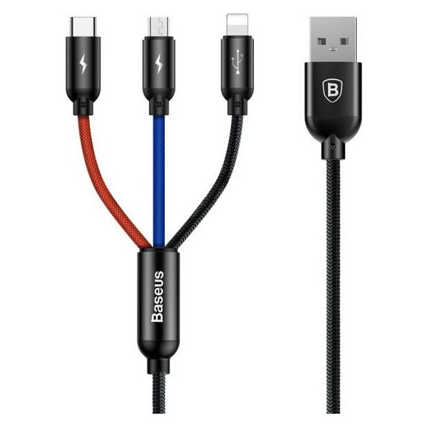 Kabel USB Baseus USB-A - USB-C + microUSB + Lightning 0.3 m Niebieski (CAMLT-ASY01)