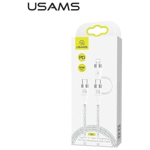 Kabel USB Usams USB-C - USB-C + Lightning 1.2 m Biały (63775-uniw)