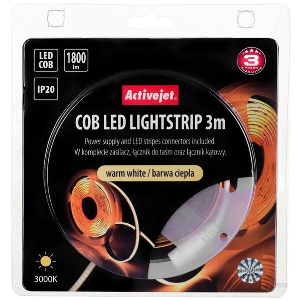Taśma LED Activejet Taśma LED COB 3m z zasilaczem barwa ciepła IP20