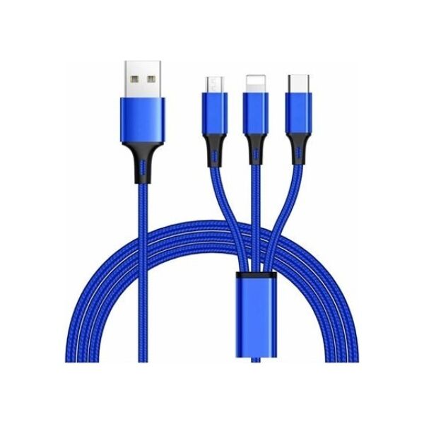 Kabel USB PremiumCord USB-A - USB-C + microUSB + Lightning 1.2 m Niebieski (ku31pow01)